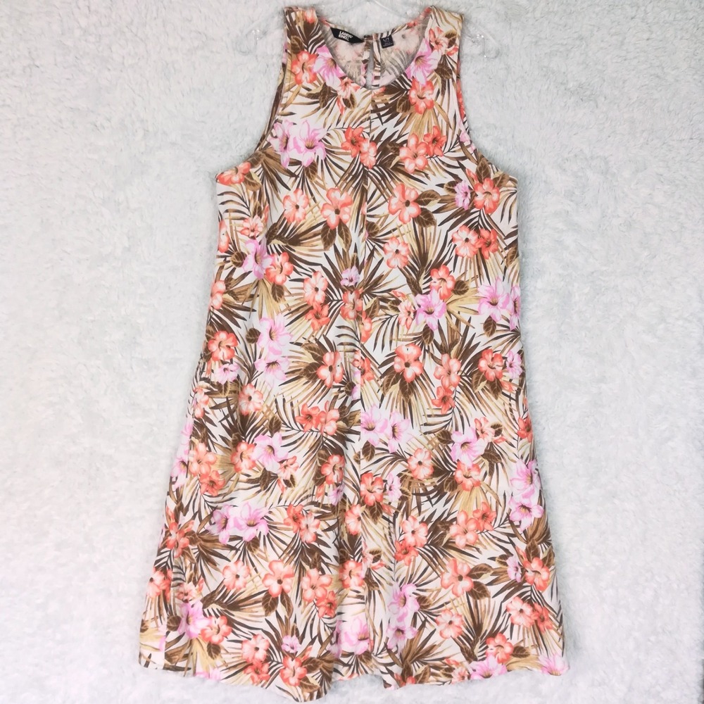 Lands End Womens Dress Linen Midi Tropical Floral Palm Leaf Sleeveless L
